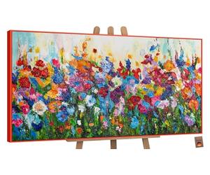 YS-Art Framed hand painted painting with flower Floral colors Abstract artwork motive summer Wall art in colorful shades Home decor 55x28 in