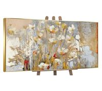 YS-Art Framed Original Abstract Handmade Painting - Beige and Gold Floral Textured Acrylic on Canvas, Elegant Living Room Decor 63x32 inches