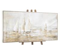 YS-Art Framed Original Handmade Sailboat Painting in Soft Beige and Gold Elegant Coastal Canvas Wall Art for Modern Living Room 40x20 inch