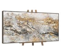 YS-Art Framed painted acrylic painting on canvas Glow Modern textured artwork in beige color with gold Wall art for living room 56x28 inches