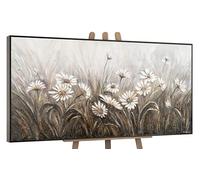 YS-Art Hand-painted abstract flower painting Chamomiles Textured artwork for living room in shades of gray and green Wall art With Frame 56x28 inch