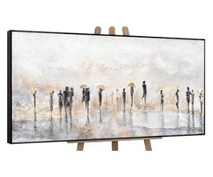 YS-Art Hand-painted acrylic painting in frame Summer rain Textured abstract artwork in gold grey color Modern art people figurines 56x28 inches