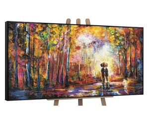 YS-Art Hand Painted Colorful Street Scene Canvas Wall Art in Frame Romantic Couple with Umbrella Painting for Living Room or Office 56x28 inches