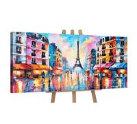 YS-Art Original Acrylic Painting | Paris Street Scene with Eiffel Tower | Colourful Urban Cityscape Canvas | Wall Art for Living Room 45x20 inch