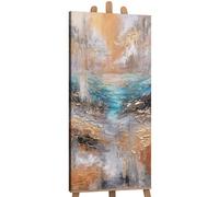 YS-Art Original Handmade Abstract Seascape Painting Canvas Wall Art Modern Gold Beige Turquoise Ocean Decor Living Room 45x20 inch