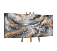 YS-Art Original Handmade Abstract Seascape Painting Wall Art Modern Gold Grey Blue Ocean Waves Decor Living Room 45x20 inch