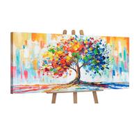 YS-Art Original Handmade Colorful Tree Painting Abstract Acrylic Canvas Wall Art Modern Nature Artwork for Living Room Bedroom Office 45x20 inch