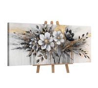 YS-Art Original Handmade Floral Landscape Painting - Black White Gold Abstract Flowers Wall Art for Living Room Bedroom Elegant Interior Decor 45x20 inch