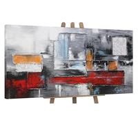YS-Art Original Handmade Painting - Abstract Composition in Grey, Red, Orange and Blue, on Canvas, Modern Decor for Dining Room & Workspace 56x28 inch