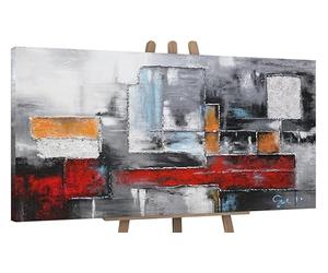 YS-Art Original Handmade Painting - Abstract Composition in Grey, Red, Orange and Blue, on Canvas, Modern Decor for Dining Room & Workspace 56x28 inch