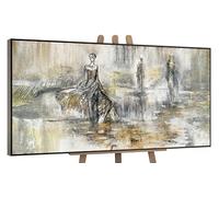 YS-Art Original Handmade Painting - Abstract Figures in Grey, Beige, and Gold, Elegant Artwork on Canvas, Framed Modern Art for Bedroom Living Room Decor 48x24 inch