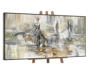 YS-Art Original Handmade Painting - Abstract Figures in Grey, Beige, and Gold, Elegant Artwork on Canvas, Framed Modern Art for Bedroom Living Room Decor 48x24 inch