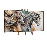 YS-Art Original Handmade Painting - Abstract Horse in Gold, Teal, and Brown, Textured Artwork on Canvas, Framed Wall Decor for Bedroom Living Room Interior 48x24 inches