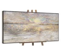 YS-Art Original Handmade Painting - Abstract Seascape in Beige and Gold, Soft Light Textured Artwork on Canvas, Framed Art forHome Office Interior 40x20 inch