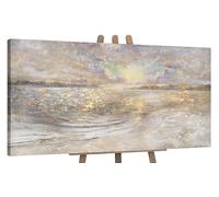 YS-Art Original Handmade Painting - Abstract Seascape in Beige and Gold, Soft Light Textured Artwork on Canvas, Framed Art forHome Office Interior 63x32 inch
