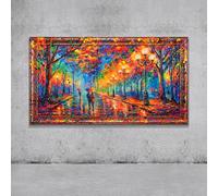 YS-Art Original Handmade Painting Acrylic on Canvas with Romantic Rainy Night Park Scene, Wall Art Colorful Cityscape with Street Lights and Couple 56x28 inches