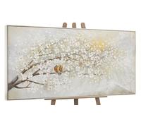 YS-Art Original Handmade Painting - Blossom Tree with Birds, Abstract Nature in White, Beige and Gold, Framed Wall Decor for Bedroom Living Room 40x20 inch