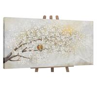 YS-Art Original Handmade Painting - Blossom Tree with Birds, Abstract Nature in White, Beige and Gold, Wall Decor for Bedroom Living Room 40x20 inch