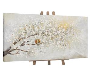 YS-Art Original Handmade Painting - Blossom Tree with Birds, Abstract Nature in White, Beige and Gold, Wall Decor for Bedroom Living Room 48x24 inch