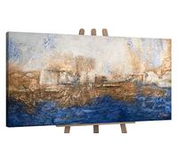 YS-Art Original Handmade Painting Blue Gold Color, Unique Textured Artwork, Rich Intense Abstract for Office Home Decor, Luxury 48x24 inch