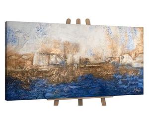 YS-Art Original Handmade Painting Blue Gold Color, Unique Textured Artwork, Rich Intense Abstract for Office Home Decor, Luxury 48x24 inch