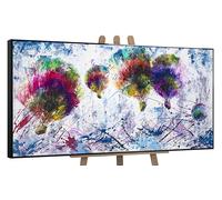 YS-Art Original Handmade Painting - Colorful Hot Air Balloons Abstract, Splash Style Artwork on Canvas, Framed Bright Decor for Living Room Nursery 63x32 inch