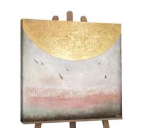 YS-Art Original Handmade Painting - Gold Sun Abstract Landscape with Birds, Minimalist Acrylic Art with Texture, Decor for Bedroom & Living Room 35x35 inch