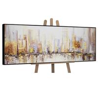 YS-Art Original Handmade Painting - Golden City Skyline Abstract, Warm Textured Artwork on Canvas, Framed Urban Decor for Living Room Office 60x20 inch