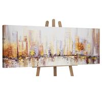 YS-Art Original Handmade Painting - Golden City Skyline Abstract, Warm Textured Artwork on Canvas, Urban Decor for Living Room Office 60x20 inch