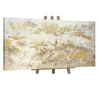 YS-Art Original Handmade Painting on Canvas - Neutral Abstract Texture in Beige, White Gold, Wall Decor for Living Room Office Interior 56x28 inch