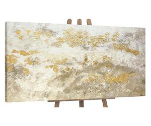 YS-Art Original Handmade Painting on Canvas - Neutral Abstract Texture in Beige, White Gold, Wall Decor for Living Room Office Interior 40x20 inch