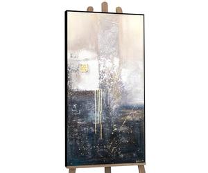 YS-Art Original Handmade Painting White Gold Abstract, Modern Minimalist Acrylic Artwork on Canvas, Framed Elegant Decor for Bedroom & Living Room 40x20 inch