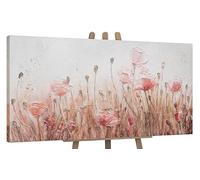 YS-Art Original Handmade Painting with Pink Poppy Flowers, Textured Canvas Artwork, Romantic Floral Wall Decor for Bedroom Living Room 40x20 inch