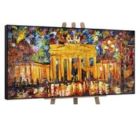 YS-Art Original Handmade Painting - Yellow Red City Gate, Impressionist Urban Nightscape, Artwork Canvas with Texture, Framed Wall Art for Living Room & Office 40x20 inch