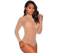 Ysabeloom Women's Sheer Mesh Long Sleeve Bodysuit Tops See Through Jumpsuit Leotard Clubwear, Beige-turtleneck, Small