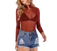 Ysabeloom Women's Sheer Tops Long Sleeve Mesh Sheer Top See Through Blouse Shirt, Wine Red-high Neck, L