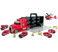 YSAMAX Red Fire Rescue Truck Carry Case Toy Set - Emergency Vehicle Transport Play Set with Helicopter and Accessories, Playful, Joy, Ideal for Kids.