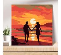 YSCOLOR Paint by Numbers Kits Couple Silhouette on Beach DIY Sunset Art Romantic Coastal View for Children and Beginners Including Inner Frame 20x20 cm