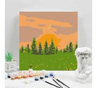 YSCOLOR Paint by Numbers Kits Orange Sky and Forest Field DIY Warm Art Nature Landscape for Children and Beginners Including Inner Frame 20x20 cm