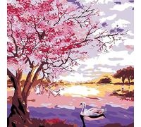 YSCOLOR Paint by Numbers Kits Pink Cherry Tree and Swan DIY Romantic Art Lake Scene for Children and Beginners Including Inner Frame 20x20 cm