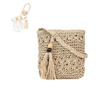 YSDYY 1 x Women's One-Shoulder Straw Bag, All Summer Beach Shoulder Bag, Casual Beige Fringe Hollow Bag, 1 x Beach Shell Accessory Charm