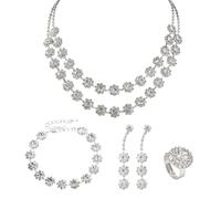 YSDYY 4 Pieces Women'S Fashion Jewelry, Double Layer Rhinestone Flower Necklace, Layered Bracelet, Rhinestone Jewelry Set For Parties, Celebrations And Weddings