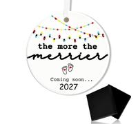 YSEA 1 Pc Christmas Ceramic Ornament Gift for New Parents, Mum to Be Gifts | Ceramic Hanging Ornament, The More the Merrier Coming Soon 2027 Text, 1 White Ribbon, 1 Black Box, Expectant Keepsake