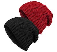 YSense Beau Beanie Hat Black and White, 2 Pack Women Winter Knitted Double Layer Lovely Bobble Hats with Faux Pompom - Black/White Beanie hat - One Size (Black+White)