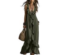 YSFWL Summer Dresses for Women Bohemian Ruffle Maxi Dress Sleeveless Deep V Neck Tiered Hem Flowy Casual Sundress(Army Green,M)