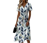 YSFWL Women’s V Neck Short Sleeve Midi Dress with Large Floral Print A Line Soft Fabric for Casual and Daily Wear(1-Sky Blue,XXL)