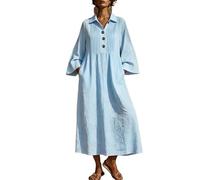 YSFWL Womens Cotton Linen Maxi Dress V Neck 34 Sleeve Button Front Pockets Loose A Line Boho Casual Long Sky Blue M(Sky Blue,M)
