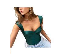 YSGE Corsets For Women,Women Sexy Bustier Corset Top Vintage Elegant Dark Green Satin Summer Slim Wide Straps Boned Corsets Push Up Crop Tops Bra Camis Elasticity Backless Vest For Clubwear Party,S