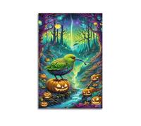 YSGGIBFQK Halloween Colorful Bird And Pumpkin Forest Fantasy Art Decorative Painting Canvas Wall Posters And Modern Family Bedroom Decor 12x18inch(30x45cm)