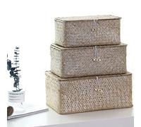 YSGLIFE Rectangular Storage Basket with Lid Handmade Seagrass Rattan Woven Natural Box for Clothes Books and Shelves Multifunctional Makeup Organizer Set of 3 Shelf Basket(S/M/L)